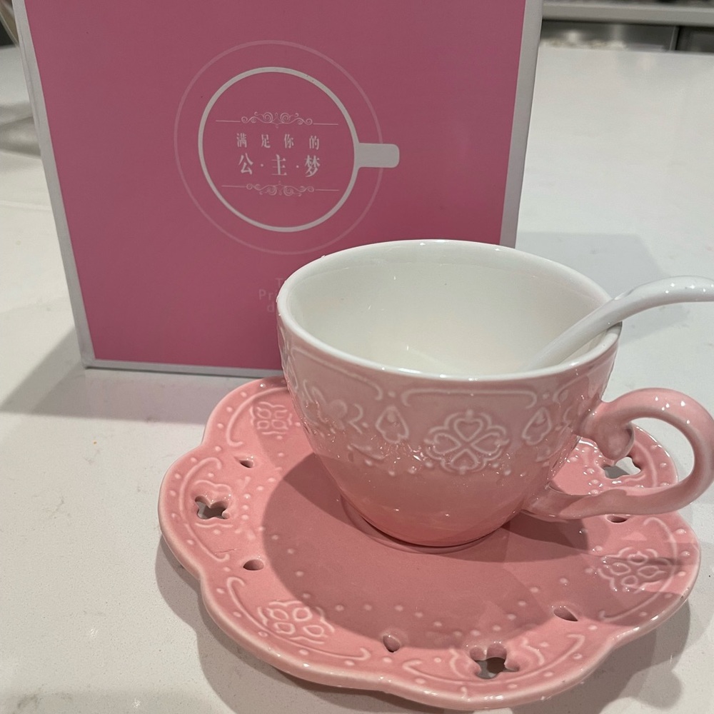 Pink princess style tea cup with spoon